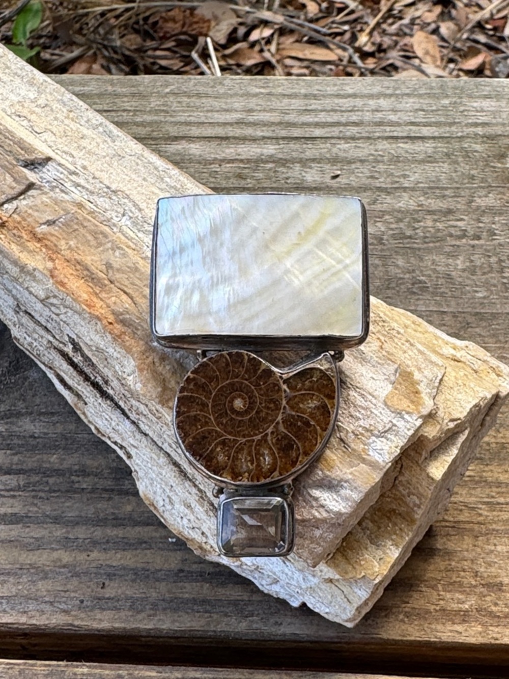 Large Sterling Silver Pendant with Mother of Pearl Ammonite and Smokey Quartz